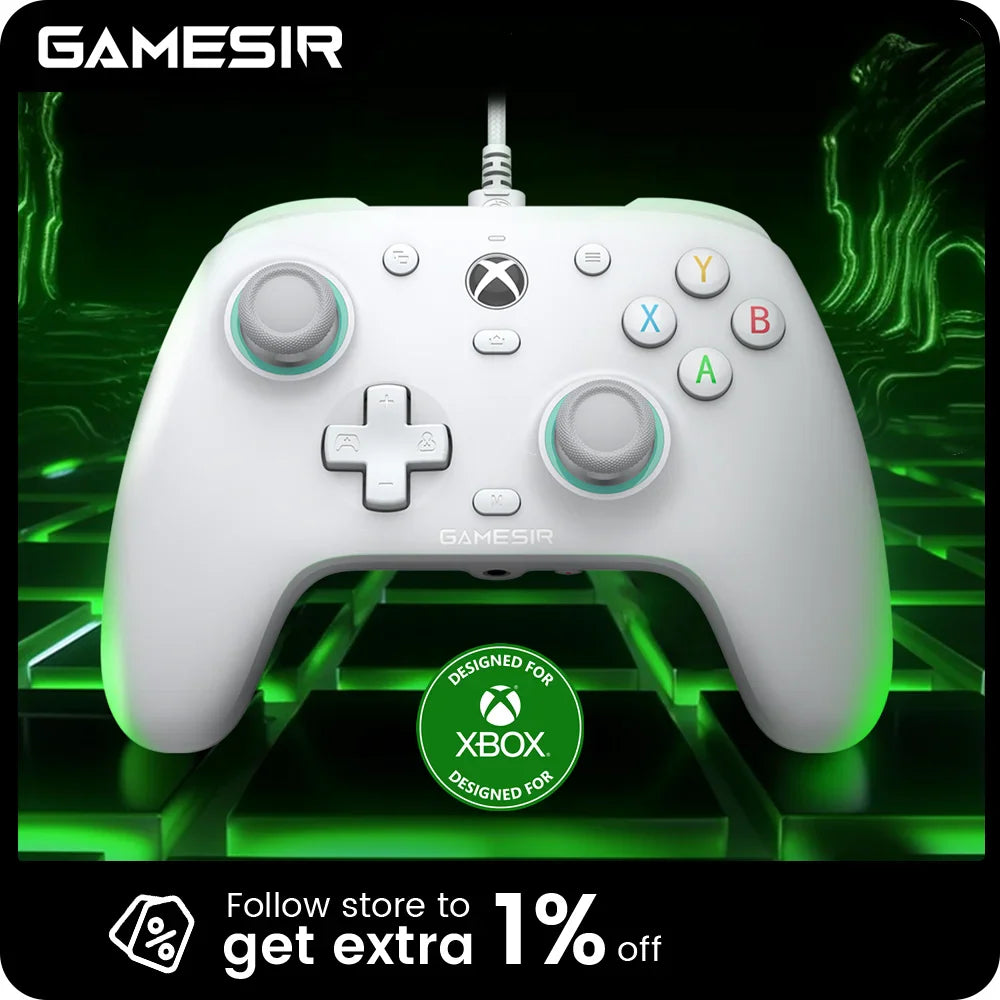 White wired gaming controller on a black and green background with official certification badge