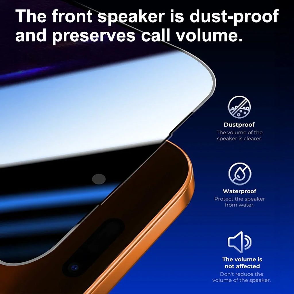 Close up of smartphone screen protector showing dust-proof and waterproof speaker protection