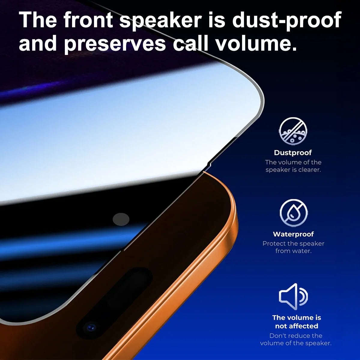Close up of smartphone screen protector showing dust-proof and waterproof speaker protection