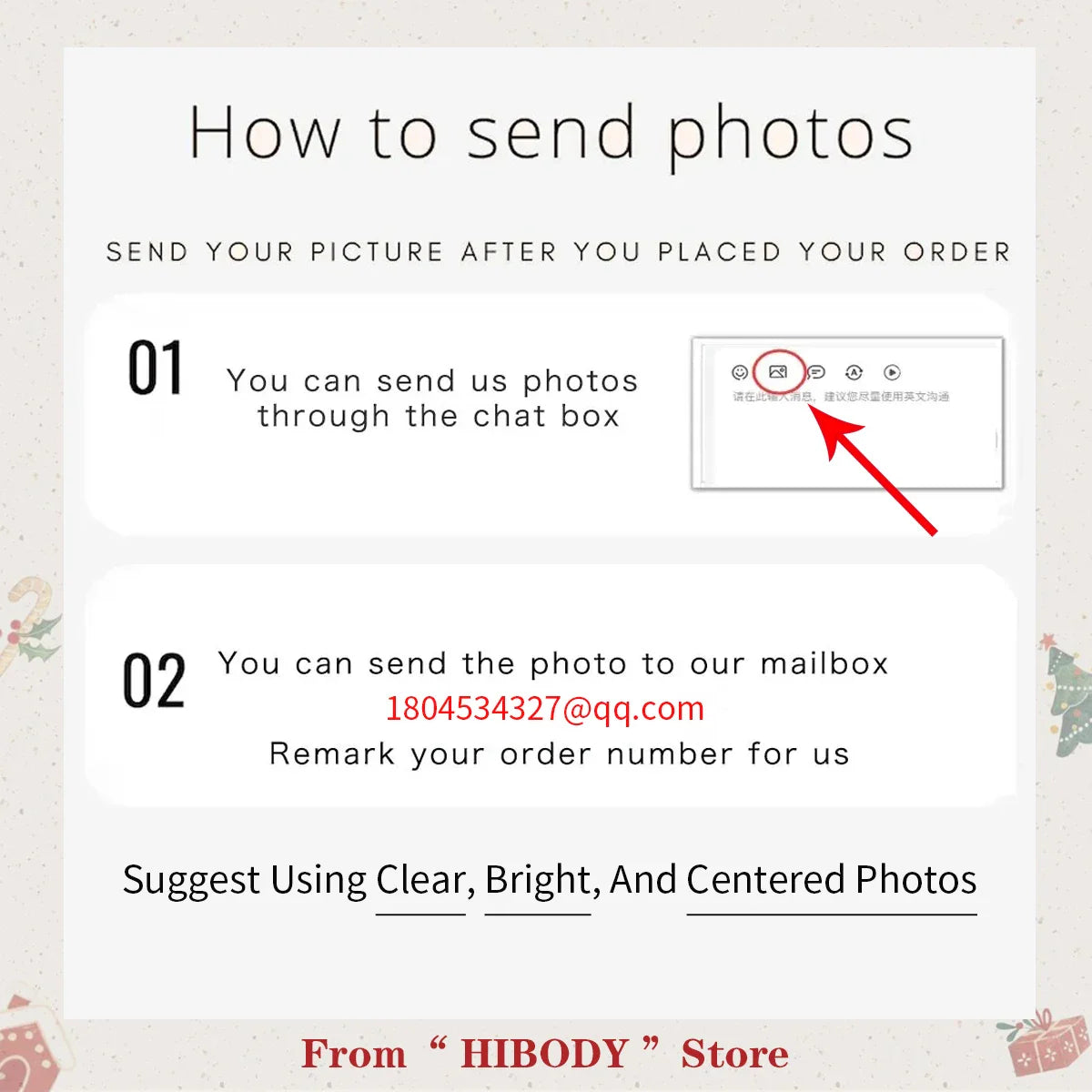 Instructional graphic on how to send a custom photo for a personalized necklace.