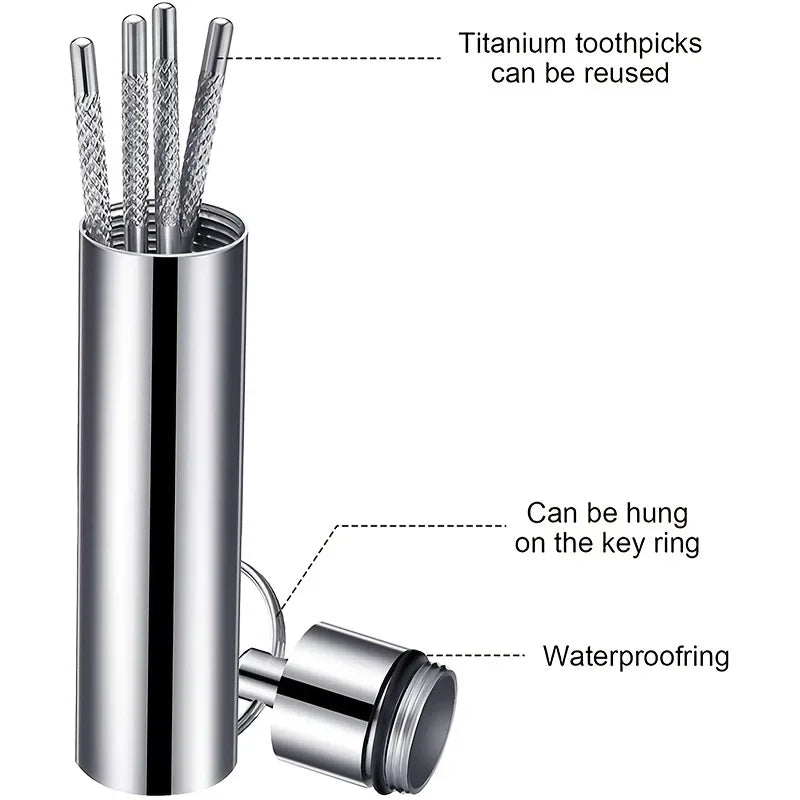Stainless steel metal toothpicks inside a portable storage tube with key ring attachment.