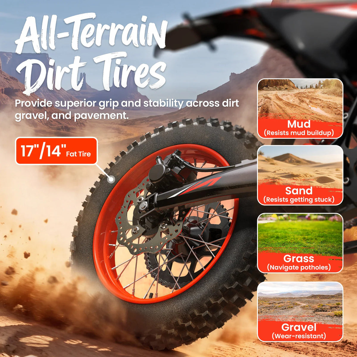 Close up of the dirt bike rear tire with off-road tire type labels