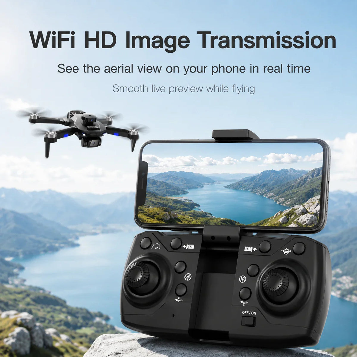 Black drone hovering above a remote controller displaying a live view of a lake on a smartphone