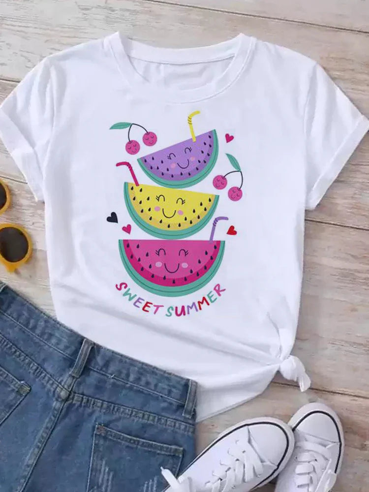 White short-sleeve t-shirt with Sweet Summer text graphic and smiling watermelon slice print
