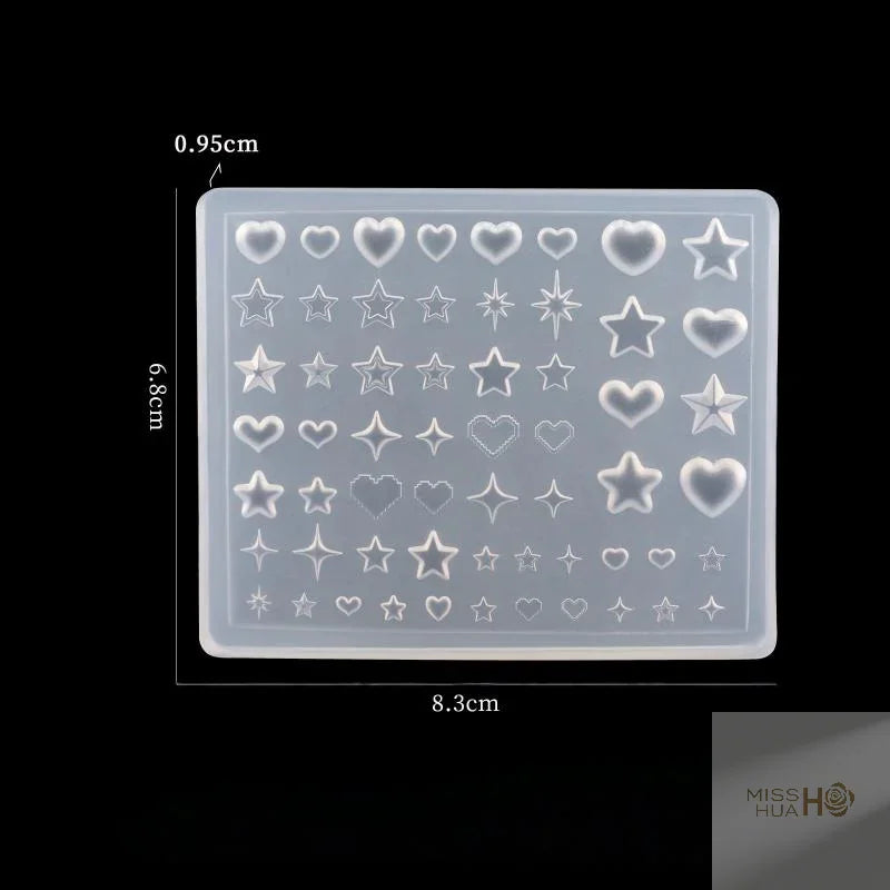 Transparent silicone mold for 3D heart and star nail art decorations with dimensions
