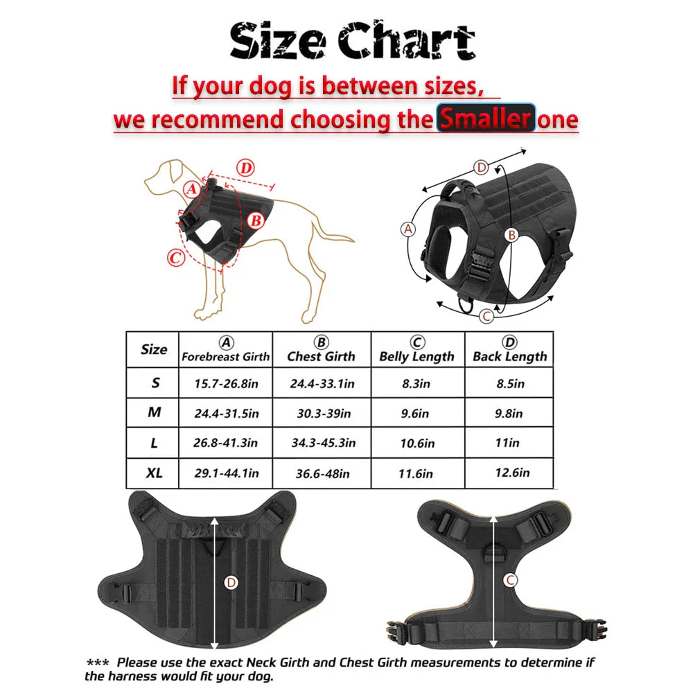Size chart for tactical dog harness showing measurements for neck and chest girth