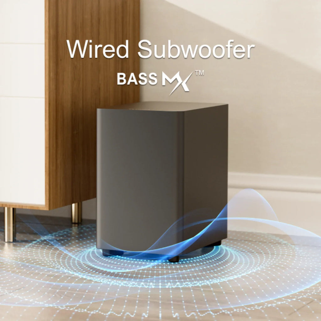 Wired subwoofer for home theater system with visual sound wave effect