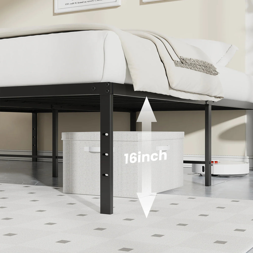 Side view of a 16 inch high black metal bed frame with under-bed storage space