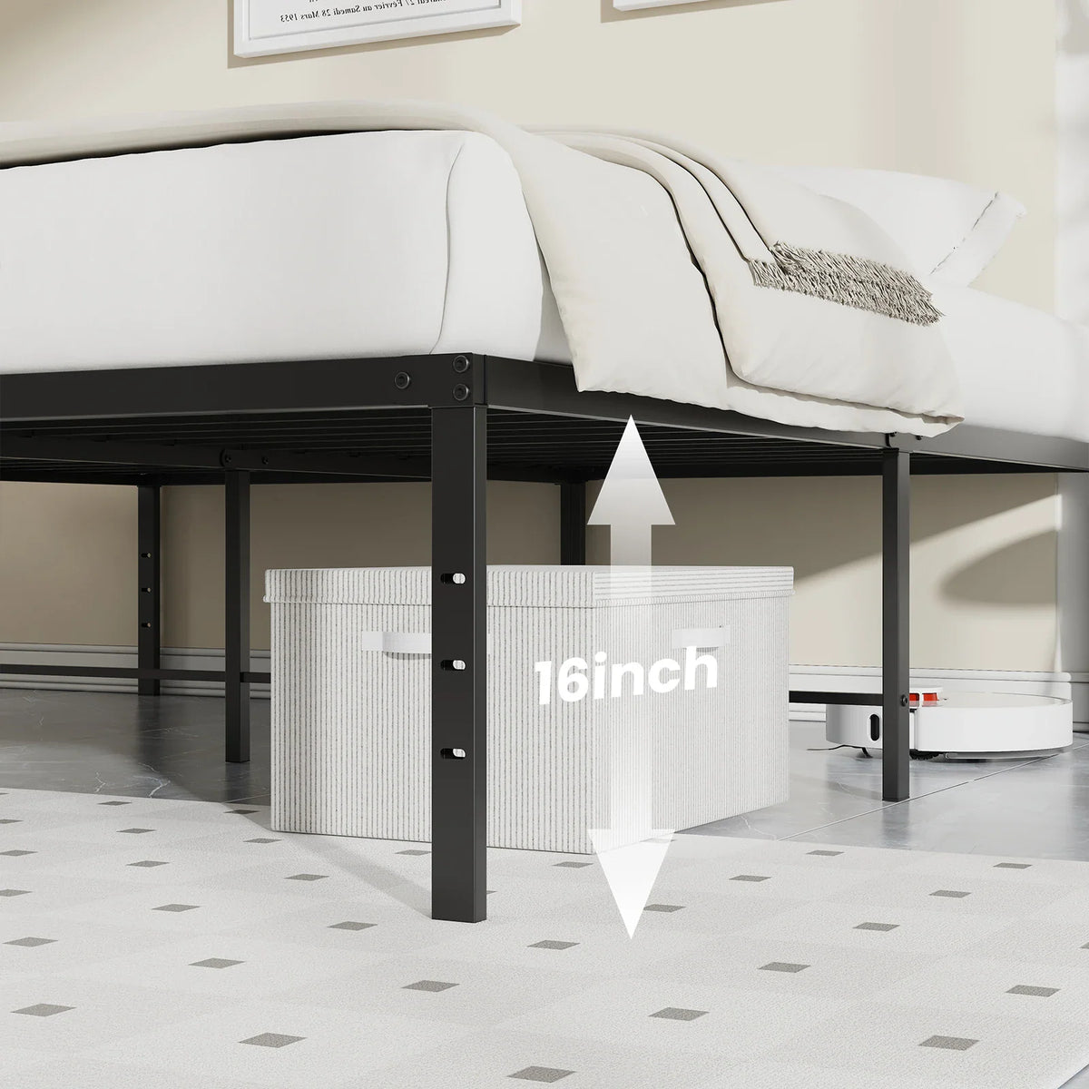 Side view of a 16 inch high black metal bed frame with under-bed storage space