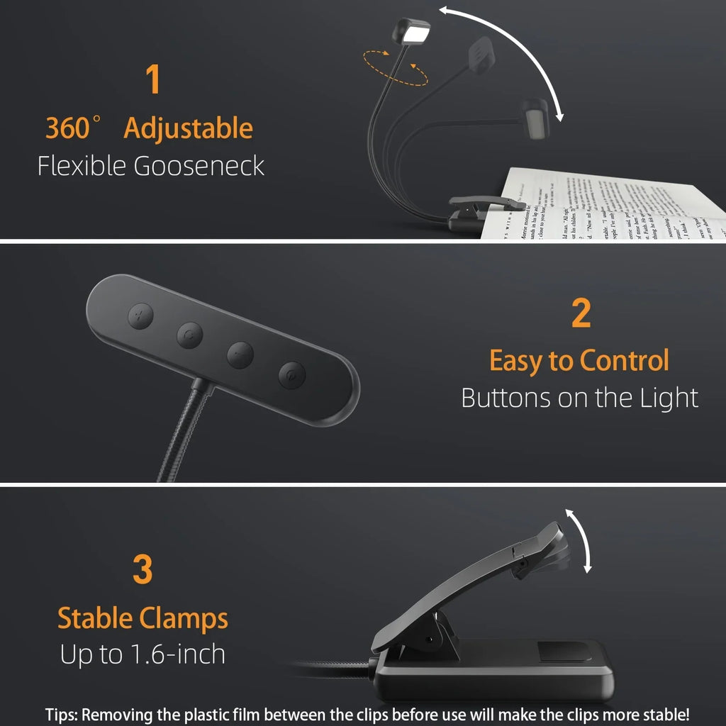 Diagram showing adjustable gooseneck, control buttons, and sturdy clamp of a black book light