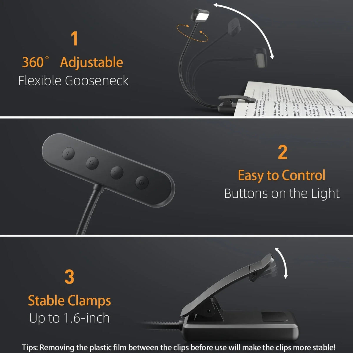 Diagram showing adjustable gooseneck, control buttons, and sturdy clamp of a black book light
