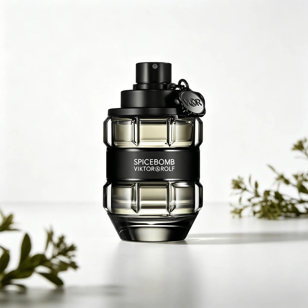 A glass perfume bottle shaped like a grenade, in a transparent black finish with a black band, on a white pedestal with