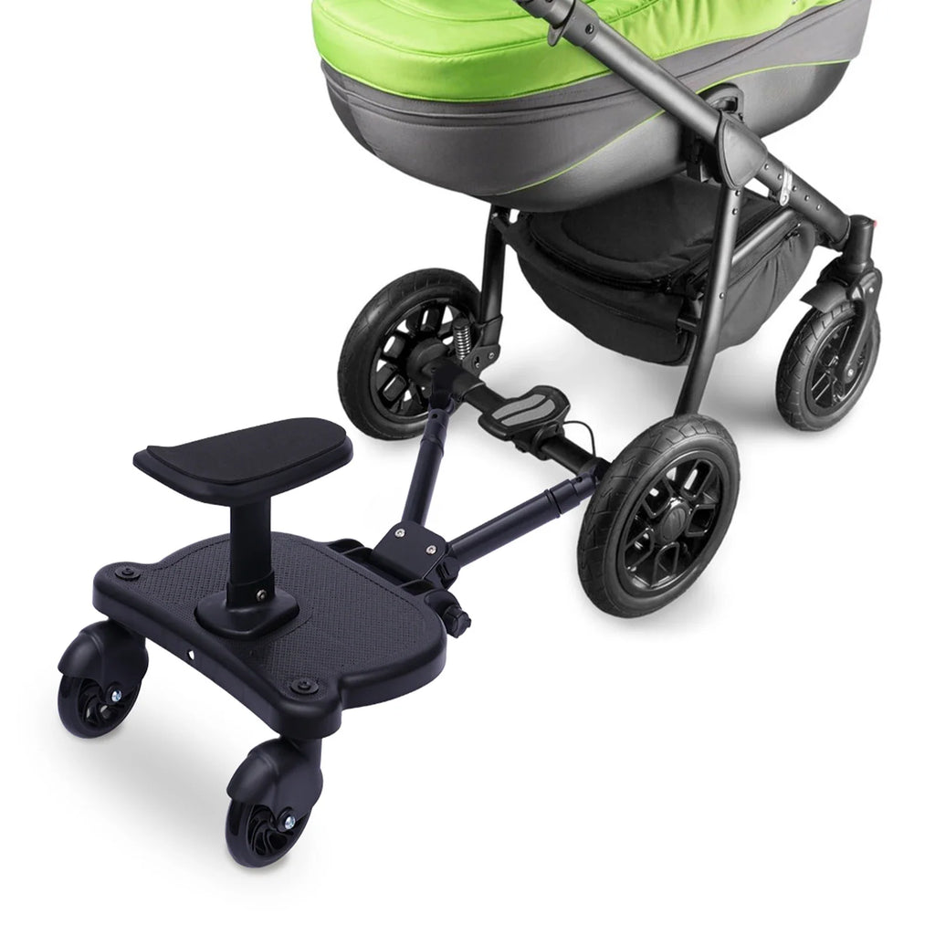 Universal stroller board attached to a green baby stroller