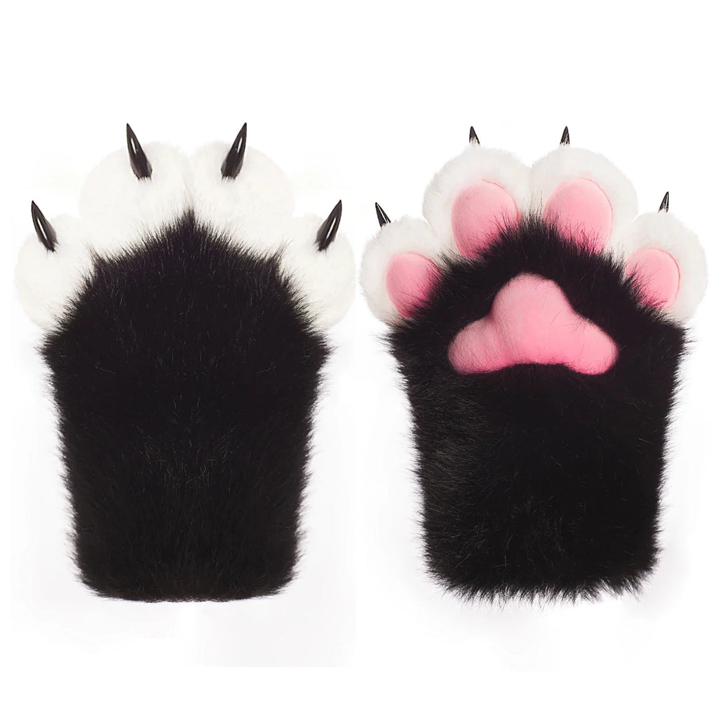 Front and back view of black and white plush furry animal paw gloves with claws