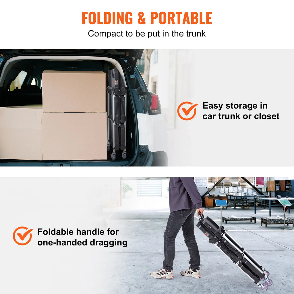 Foldable utility cart shown stored in a car trunk and being pulled by a person