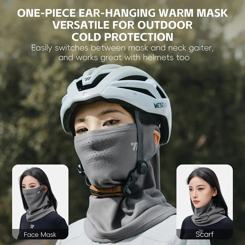 A person wearing a cycling helmet and grey thermal face mask, demonstrating different ways to wear the gear