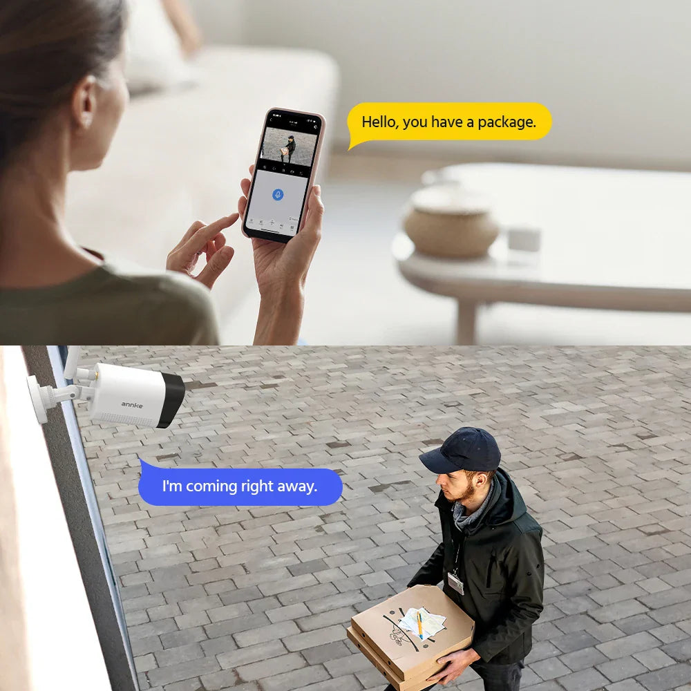 Home security system showing two-way audio communication between a person using a mobile app and a delivery courier.