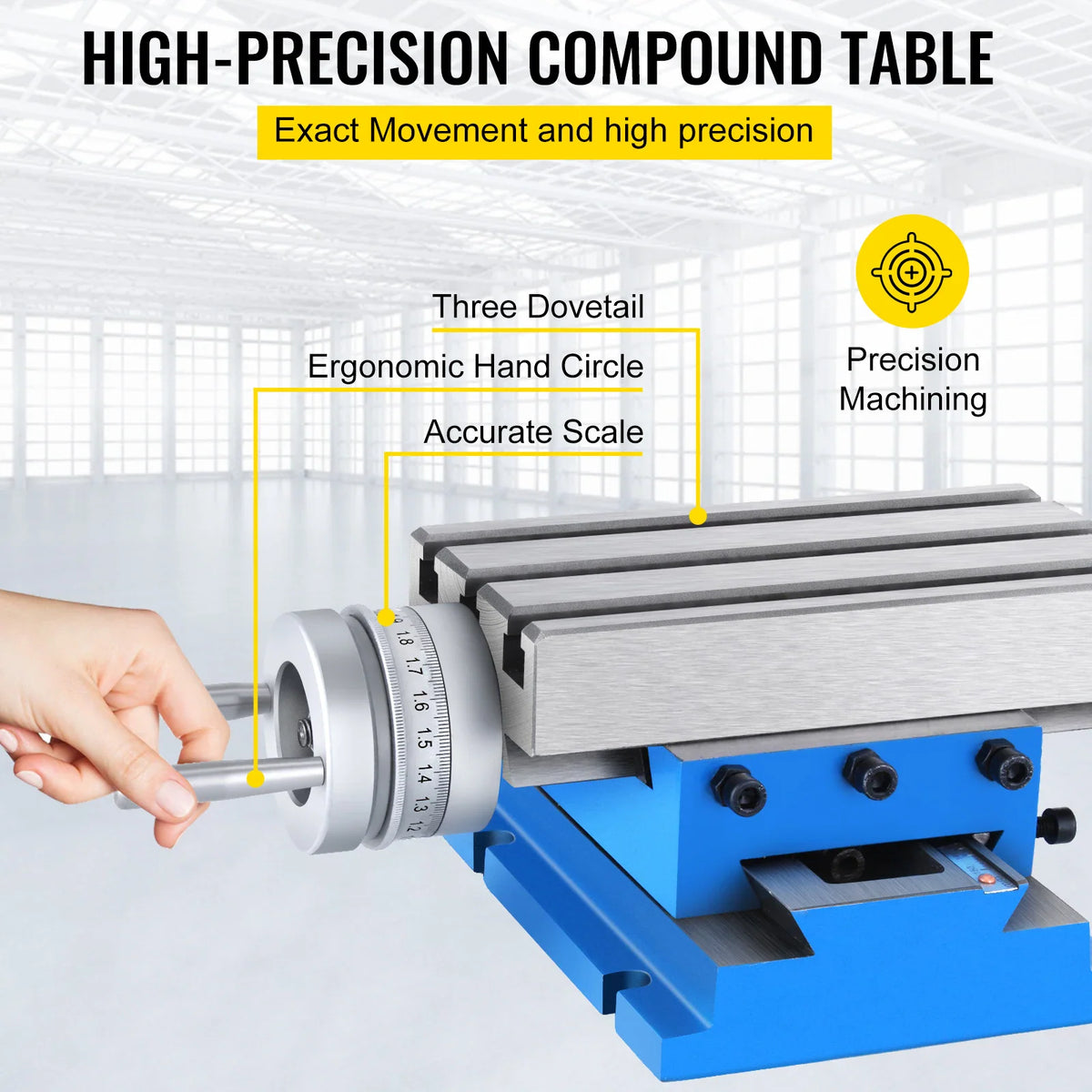 Close up of a compound milling table with labels pointing to its adjustment features.