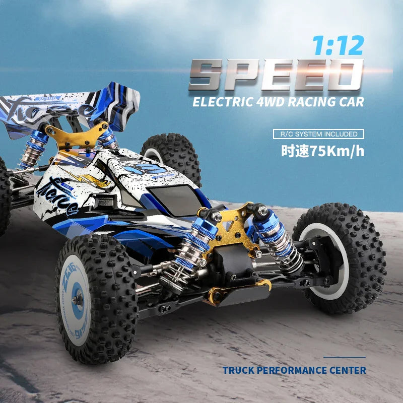 Side profile of a blue and white 1/12 scale electric 4WD RC racing buggy on a track