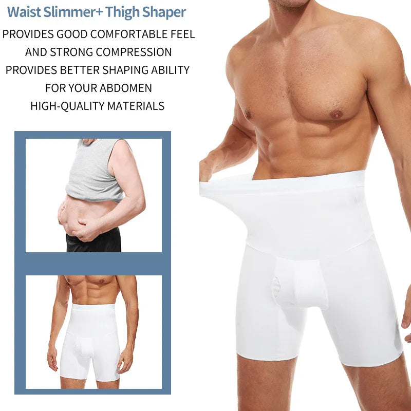 White high-waist compression shapewear shorts for men