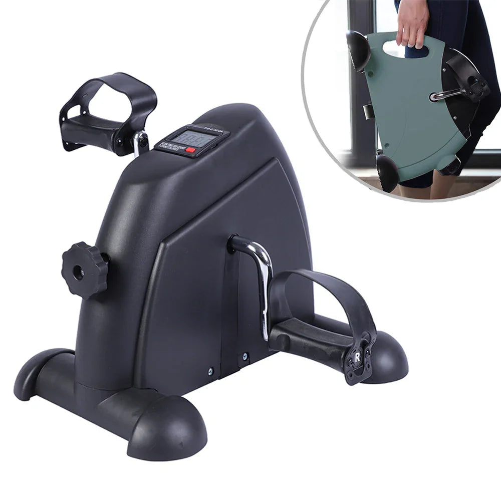 Black portable under-desk mini exercise bike with pedals and digital screen