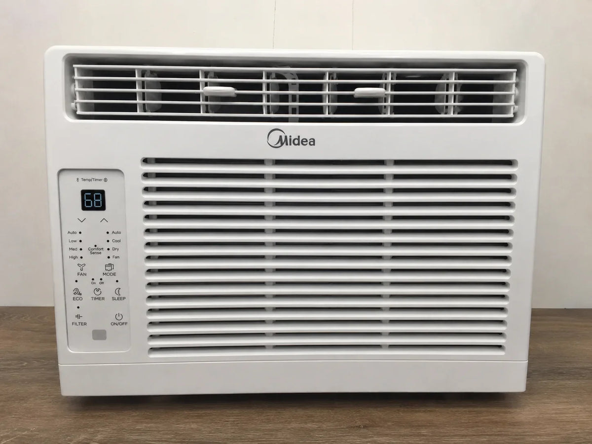 White window air conditioner unit showing control panel and display