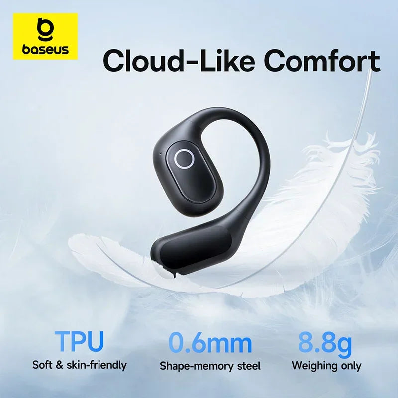 Black open-ear wireless earphone on a feather background emphasizing lightweight design.