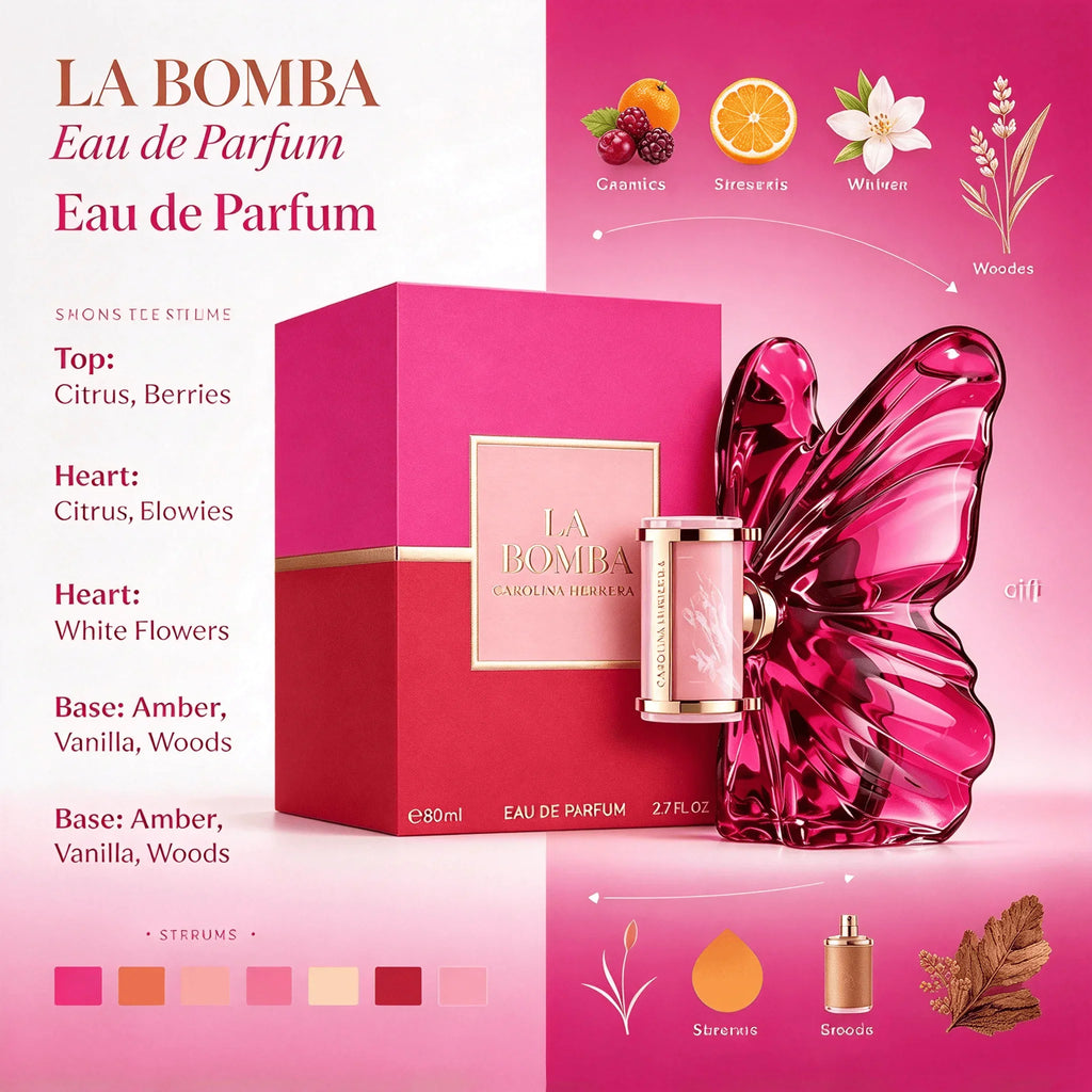 Perfume bottle and box with fragrance note breakdown including fruits and flowers.