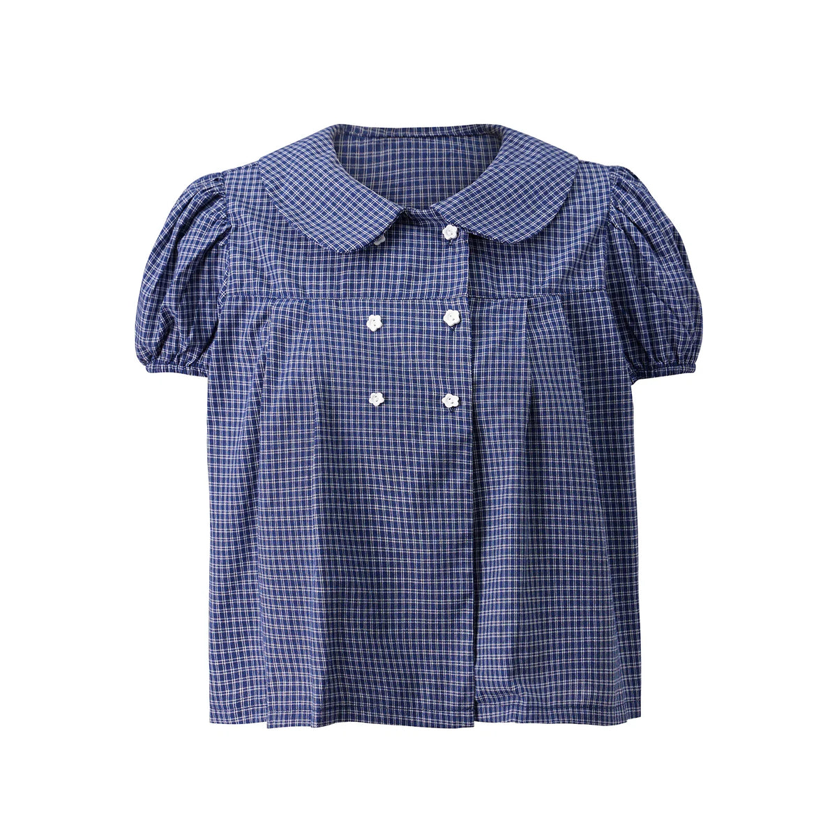 Full view of blue plaid short-sleeve button-down shirt with flower buttons