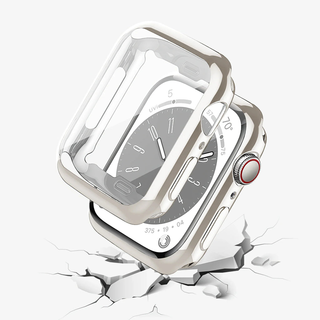 A clear protective bumper case for a smartwatch shown floating above the device.