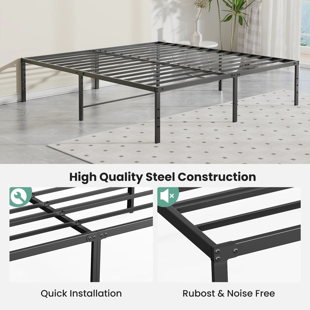 Metal bed frame features highlighting quick installation and noise-free construction