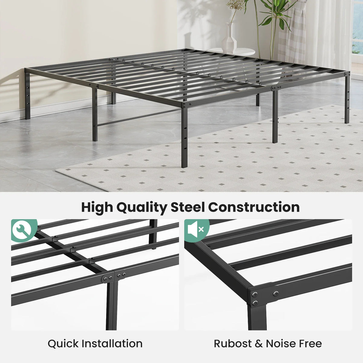Metal bed frame features highlighting quick installation and noise-free construction