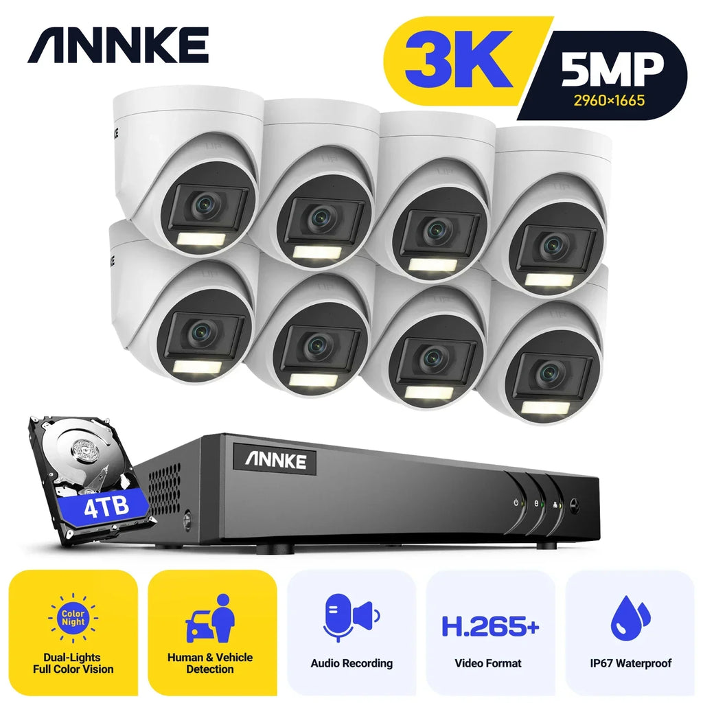 Eight white dome security cameras with a DVR recorder and hard drive