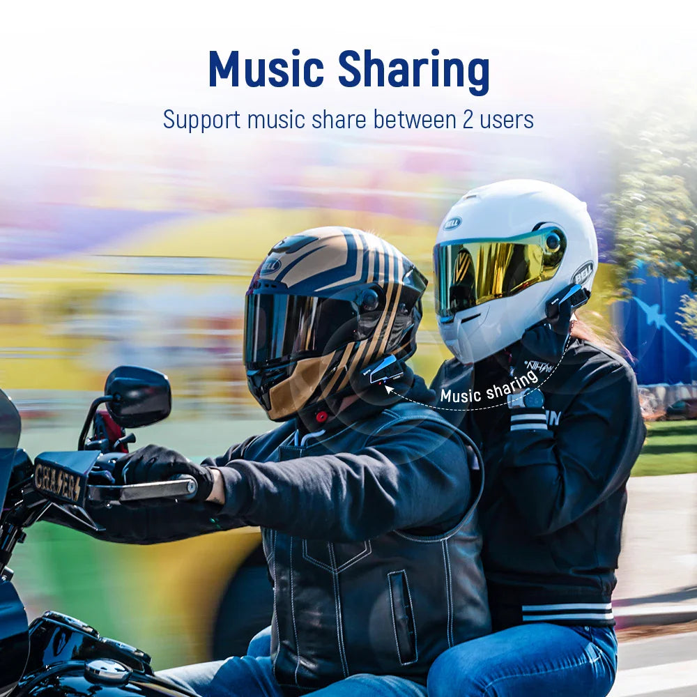 Two motorcycle riders wearing helmets with Bluetooth intercoms, demonstrating music sharing feature