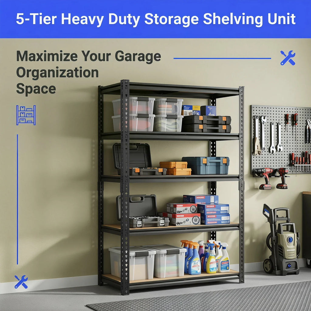 Black 5-tier industrial shelving unit filled with plastic storage bins and tools in a garage