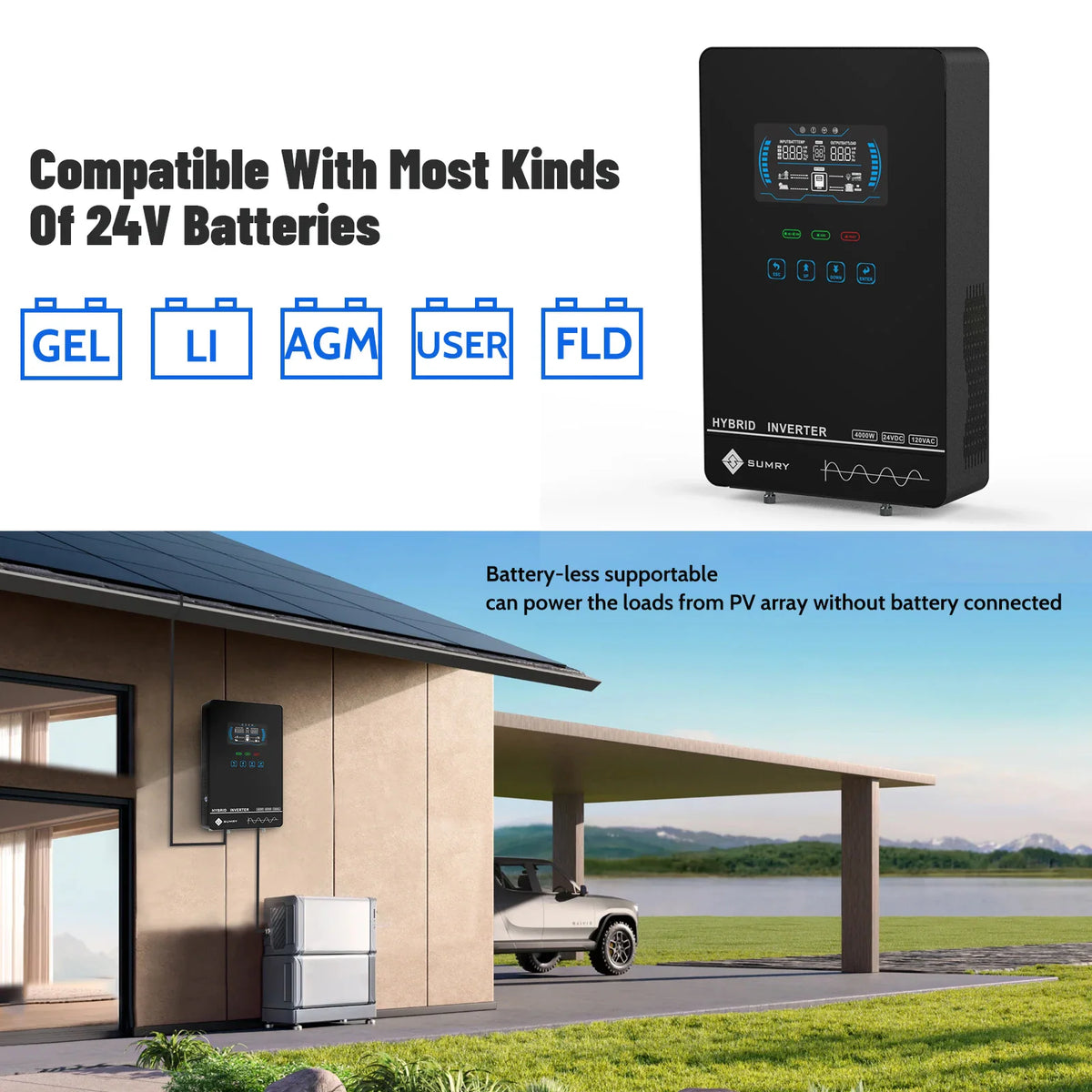 Hybrid solar inverter compatible with various 24V batteries and battery-less operation setup.