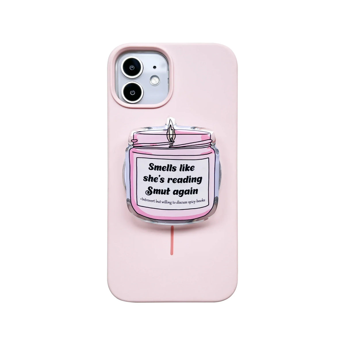 A pastel pink smartphone with a candle-themed acrylic magnetic phone grip featuring book-loving text.