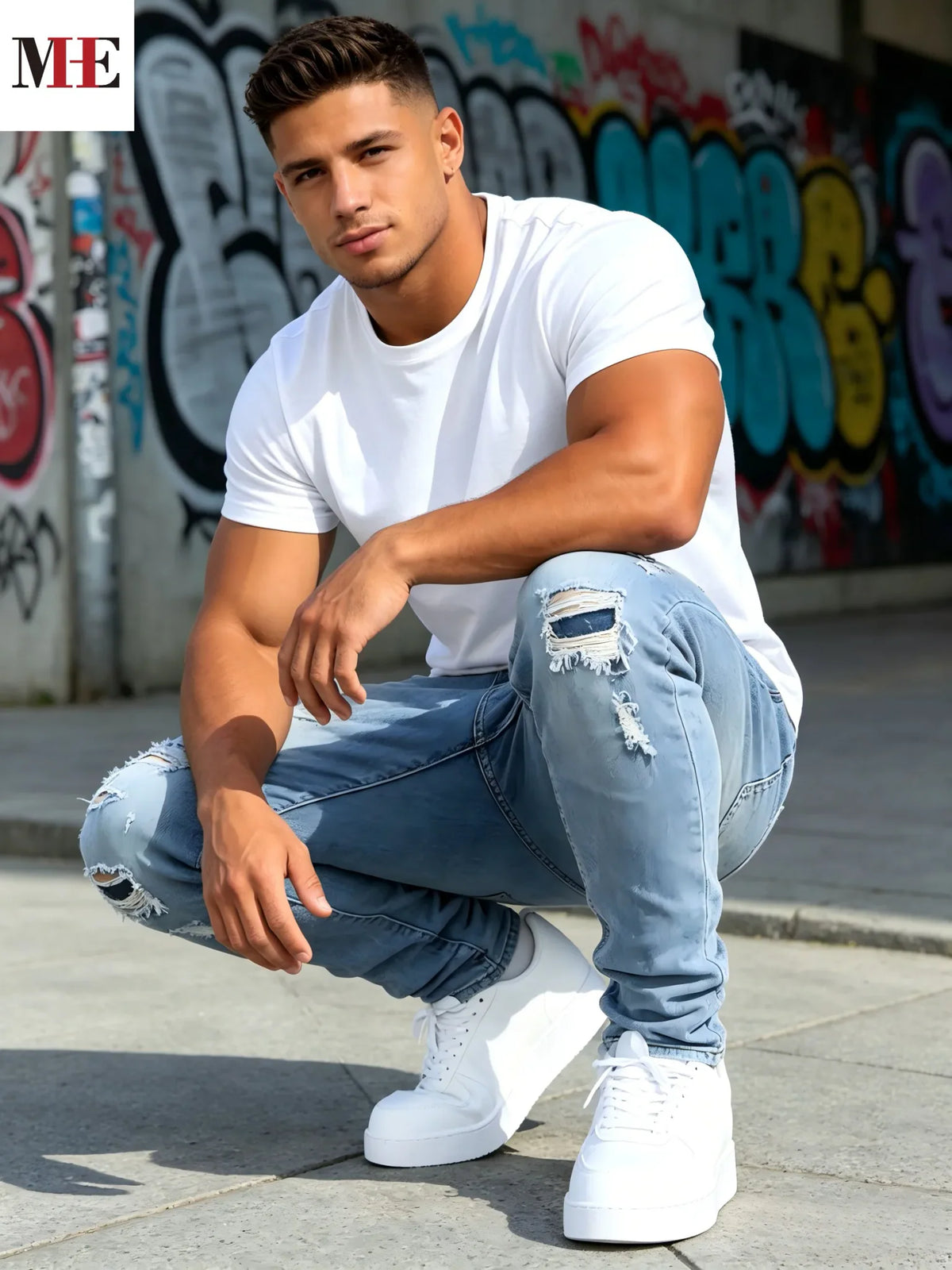 A man crouching while wearing light blue slim fit ripped skinny jeans