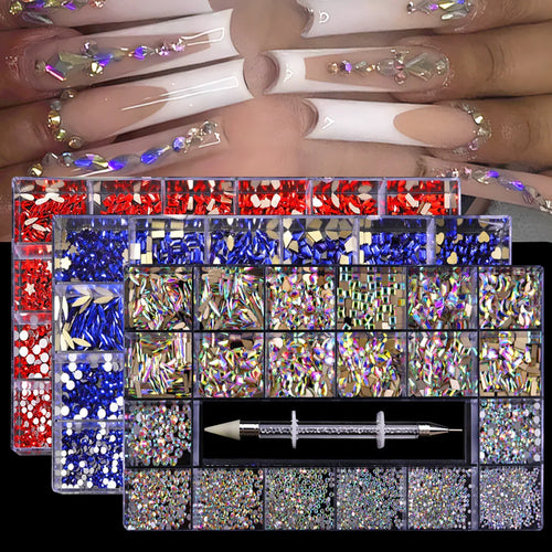 A multi-compartment storage box filled with assorted colorful nail art rhinestones and a pickup tool, shown with decorated
