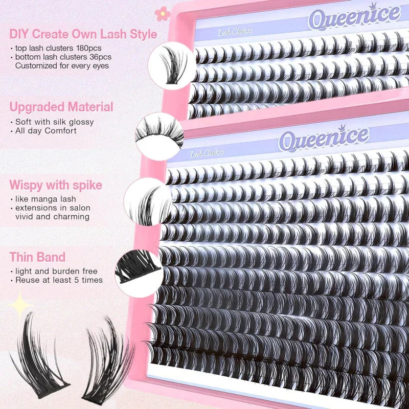 A tray of eyelash extension clusters with feature descriptions and close-up views of individual lash styles.