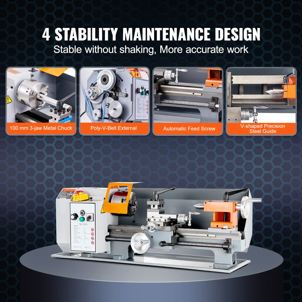 Metal lathe showing four key design features for stability