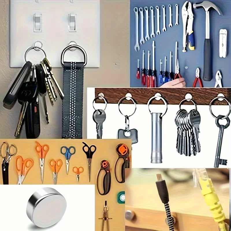A collage showing various practical applications for small disc magnets, including holding keys and tools.