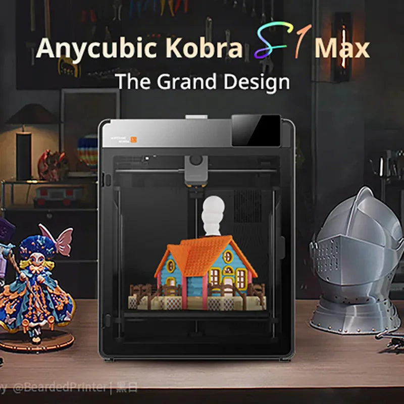 3D printer printing a colorful model house on its print bed.