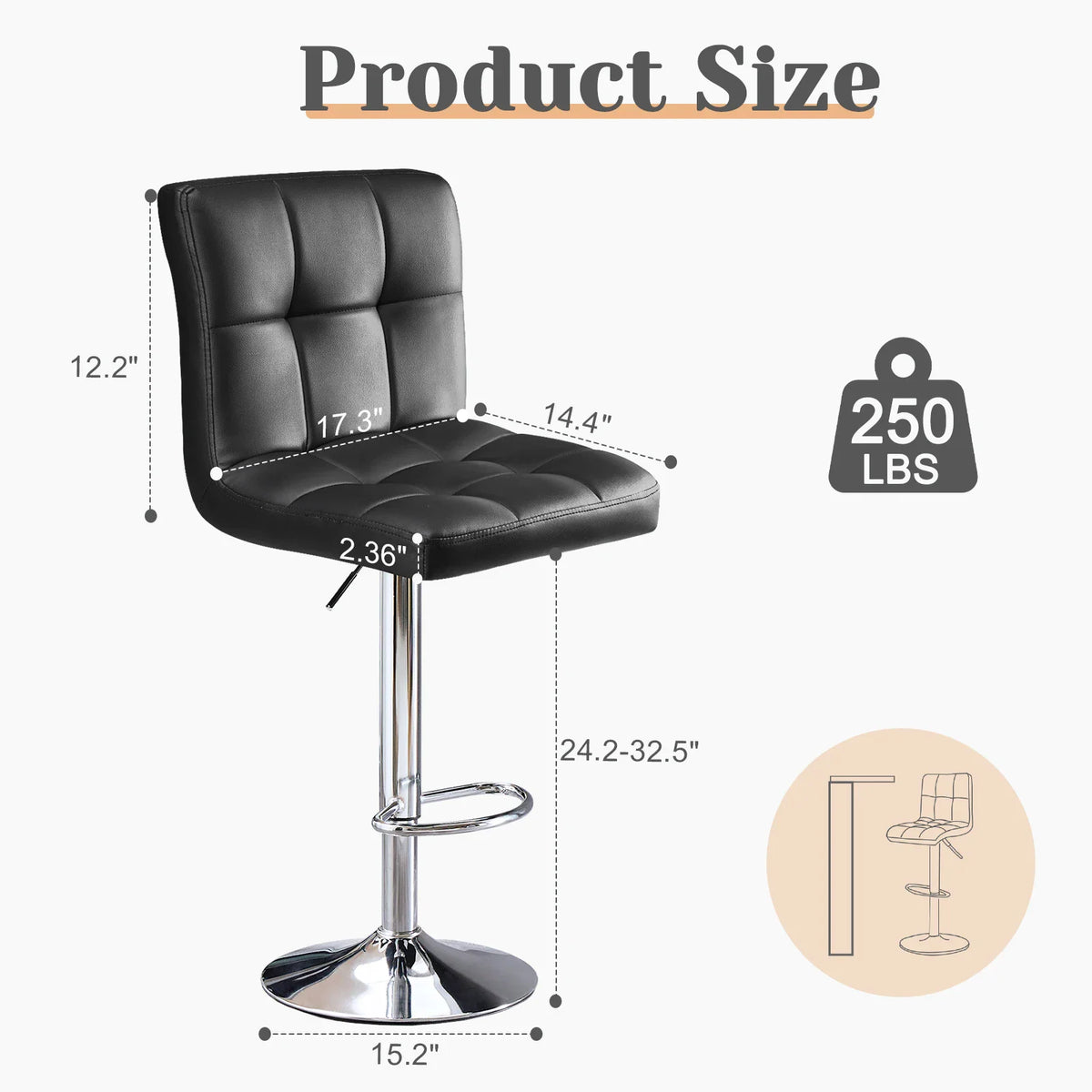 Diagram of a black adjustable bar stool showing its dimensions and weight capacity