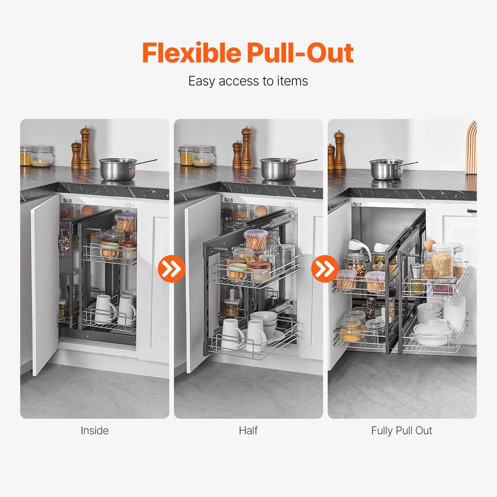 Three-stage movement sequence of a kitchen corner pull-out organizer from closed to fully extended