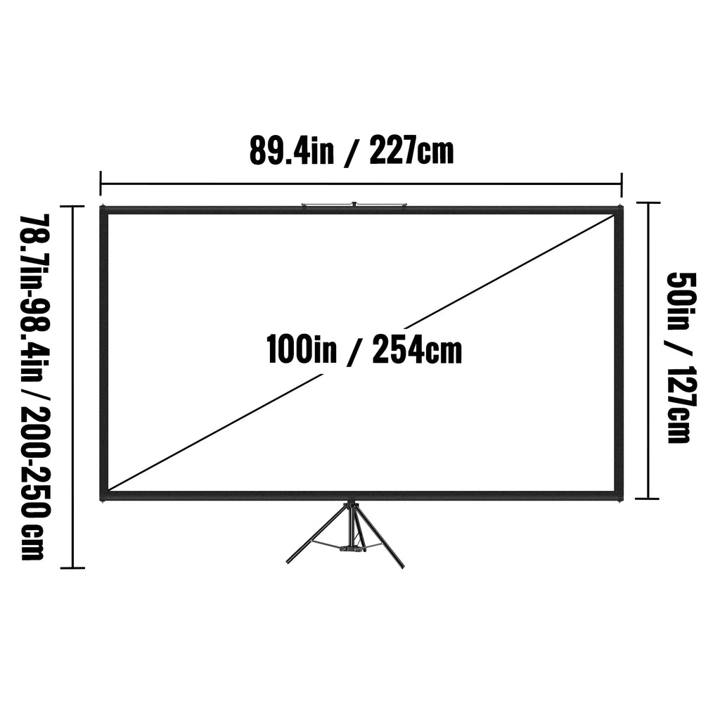 Technical dimension drawing of the 100-inch projector screen with stand