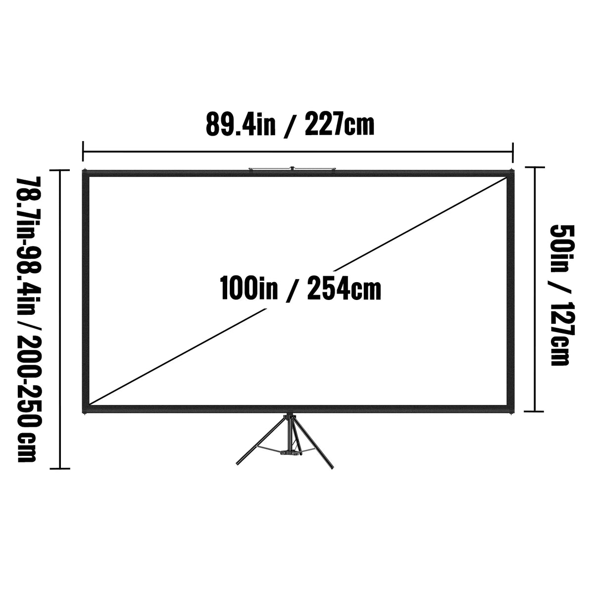 Technical dimension drawing of the 100-inch projector screen with stand