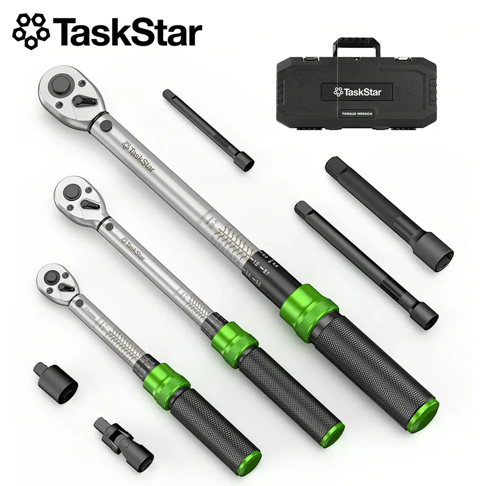 A set of three torque wrenches with extensions and a carrying case.