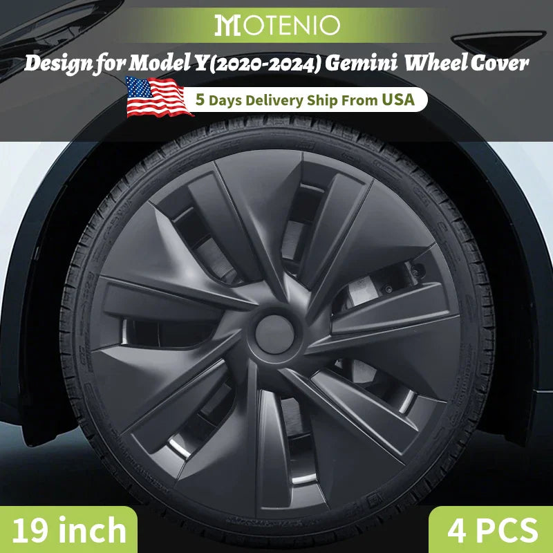 Matte black 19-inch wheel covers installed on a vehicle rim