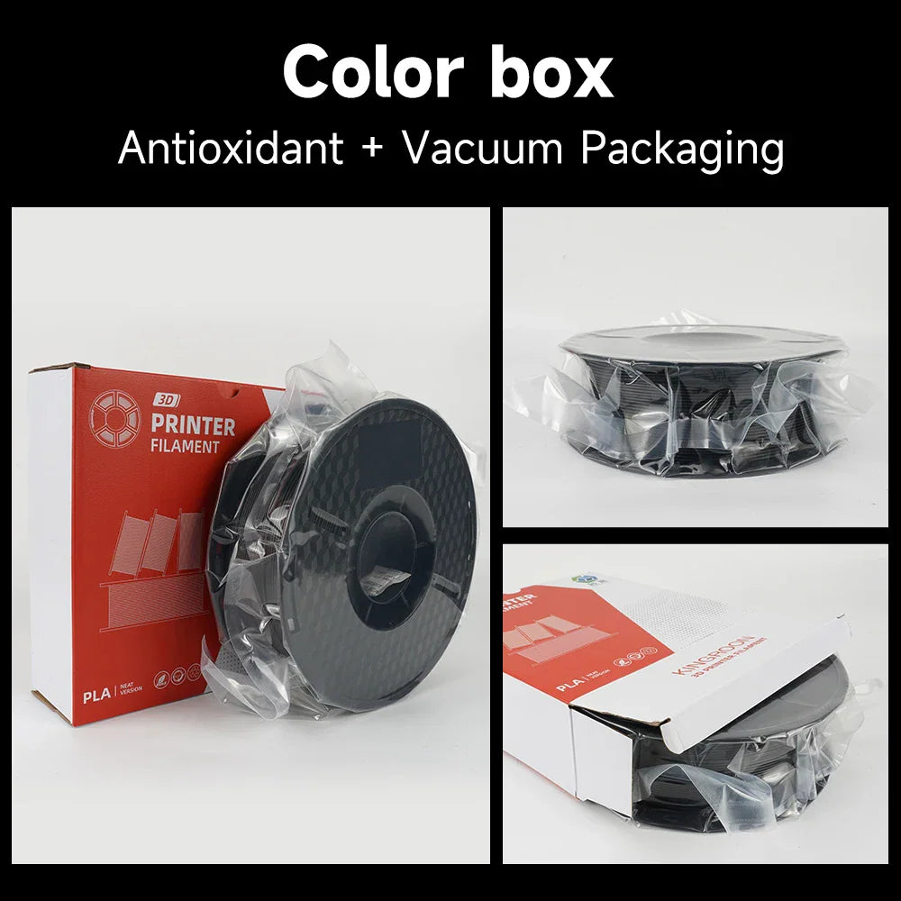 Vacuum sealed 3D printer filament spool in its retail cardboard packaging.